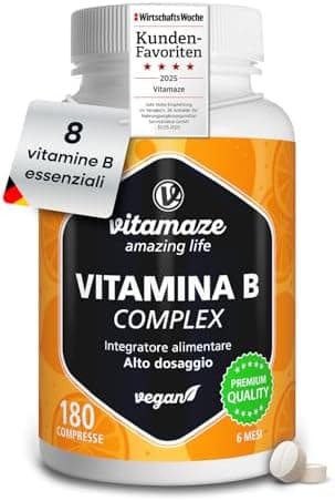 Vitamaze® Vitamina B Complex Alto Dosaggio, 180 Compresse Vegan de Vitamine B con Biotina, Acido Folico, Vitamina B12, Vitamina B3, B5, Vitamina B6, Vitamina B1, Integratore Vitamina B