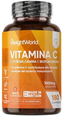 Vitamina C 1000mg Vegana con Rosa Canina, 180 Compresse per 6 Mesi (1 Sola al Giorno), Integratore Vitamina C (Acido Ascorbico) e Bioflavonoidi da Citrus Aurantium, Senza Magnesio Stearato e Glutine Vitamina - integratore