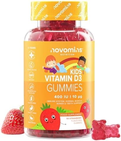 Vitamina D Bambini - Integratore Vitamina D 400UI - Senza Glutine - Vit D3 per le Ossa, Denti, Sistema Immunitario - Vegetariane Vitamine Bambini - 90 Gommose - 3 Mesi - Novomins