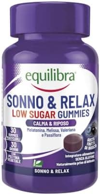 Equilibra, Melatonina in Gummies Low Sugar, 1 mg per Gummy, Vegan, Melatonina Sonno e Relax, per Favorire il Sonno, con Estratti Vegetali, a Base di Pectina, Senza Glutine, Gusto Lampone, 30 Gummies
