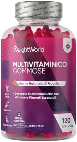 Multivitaminico Completo con 13 Vitamine e Minerali, Multivitaminico Donna e Uomo da 120 Gommose (2 Mesi di Fornitura), al Gusto di Fragola, con Vitamina C, D3, Gruppo B, E, A, Zinco, Iodio e Colina