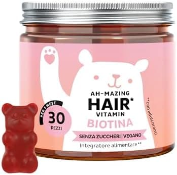 Biotina Gummies Ah-mazing Hair – Integratori per Capelli – Formula Potenziata – 10.000 µg di Biotina, Zinco, Vitamina B6, C, E e Iodio – 30 pezzi (1 Mese), Vegane, Senza Zucchero, Bears with Benefits