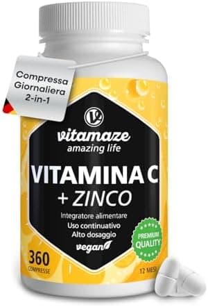 Vitamina C 1000mg (1 Anno) + Zinco + Bioflavonoidi, 360 Compresse, 1 Compresse per Giorno, Vegan Vitamina C Pura Dose Forte, Qualità Tedesca, Integratore Alimentare senza Additivi. Vitamaze®
