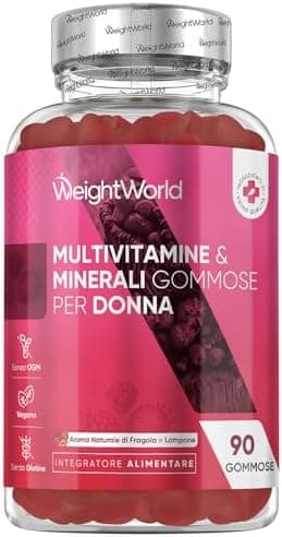 Multivitaminico Donna in Gommose Vegane con 13 Vitamine Donna e Minerali, Multivitaminico Completo con Acido Ialuronico, Enotera, CoQ10, Calcio, 90 Gommose, Aroma di Fragola e Lampone, Senza Glutine