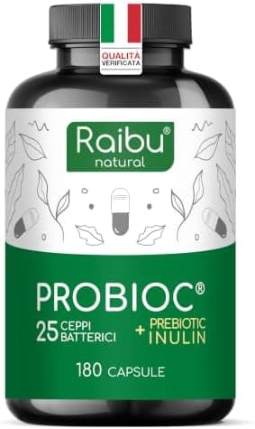 Probiotici Fermenti Lattici per Intestino - 180 Capsule, 25 Ceppi Batterici con Inulina, 60 Miliardi UFC - Resistenti ai Succhi Gastrici, Alta Dosaggio &amp; Inclusi Lactobacillus e Bifidobatteri - Raibu Generico - integratore