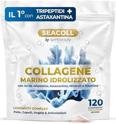 Collagene Marino con Acido Ialuronico [120 cpr x 60gg] Astaxantina Zinco Biotina Vitamina C | Collagene Marino Idrolizzato Tripeptidi Capelli, Pelle, Unghie - Longevity Complex SEACOLL