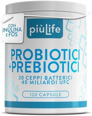 Fermenti Lattici Probiotici e Prebiotici PiùLife – 40 Miliardi UFC dose, 20 Ceppi – Probiotici per intestino con Inulina e FOS – Benessere Intestinale Gonfiore Addominale Intestino Pigro, 120 Capsule
