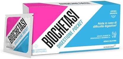 BIOCHETASI Pocket Digestivo, per Aiutare la Digestione anche Fuori Casa, Senza Zucchero, 18 Compresse Masticabili Gusto Arancia,