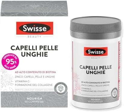 SWISSE Capelli Pelle Unghie - Integratori per Capelli, Pelle e Unghie con Vitamina C Biotina Cardo Mariano, 60 Compresse - Zinco Integratore Capelli, Formazione Collagene e Unghie Sane - Made in Italy