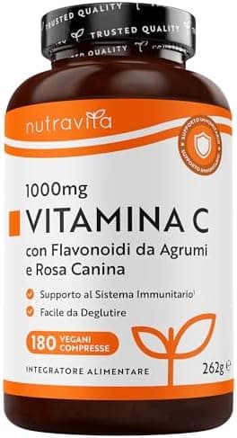 Nutravita Vitamina C 1000mg - 180 Vit C Compresse per 6 Mesi - Vitamina C Pura con Rosa Canina e Flavonoidi - Acido Ascorbico - 100% Vegan - Normale Funzione del Sistema Immunitario