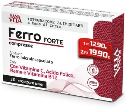 Sanavita Ferro Forte Integratore Alimentare con Ferro Alto dosaggio, Vitamina C, Rame, Acido Folido e Vitamina B12 Alo Dosaggio - 30 compresse