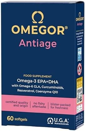 OMEGOR Antiage con Omega 3 e 6 - Integratore Pelle Antiossidante contro i Segni dell'Invecchiamento con Coenzima Q10, Resveratrolo, Alfa Lipoico e Curcuma (60 Capsule) Generico - integratore