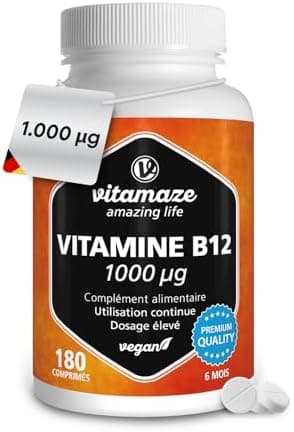 Vitamaze® Vitamina B12 1000 mcg Alto Dosaggio Metilcobalamina Pura, 180 Compresse Vegan Fornitura 6 mesi per l'ingestione Orale, Qualità Tedesca, Naturale Integratore senza Additivi non Necessari