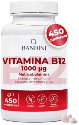 Bandini® Vitamina B12 450 Vegan (Scorta +14 Mesi), Metilcobalamina 1000µg, Compresse Vegane al 100%, Vitamine B 12 per il Sistema Immunitario, Vit B Metabolismo energetico, Stanchezza Fisica e Mentale