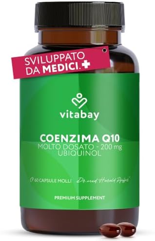 Vitabay Coenzima Q10 Ubiquinolo 200 mg – 60 capsule – alto dosaggio – Q10 naturale in forma attiva (ubiquinolo) ottenuto da fermentazione vegetale – testato in laboratorio in Germania Generico - integratore
