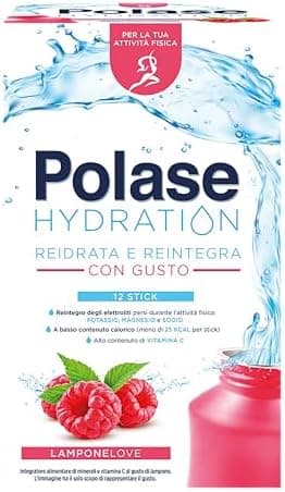 Polase Hydration, Integratore Alimentare Sali Minerali con Magnesio e Potassio e Vitamina C, Per la Tua Attività Fisica, Reidrata e Reintegra, Senza Glutine, Gusto Lampone, 12 sticks​ Polase - integratore