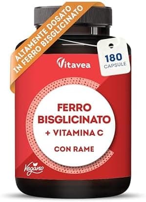 Ferro con Vitamina C - Alta Biodisponibilità (Ferro Bisglicinato Chelato) - Per Energia e Sistema Immunitario - Vegano, Senza Additivi - 180 Capsule - Vitavea Ferro - integratore