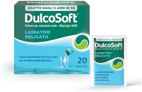 DulcoSoft Lassativo con Macrogol, Rimedi Stitichezza Adulti e Bambini - Senza Glutine, Senza Zucchero - Lassativo Delicato per Irregolarità Intestinale, Stipsi (20 Bustine) DulcoSoft - integratore