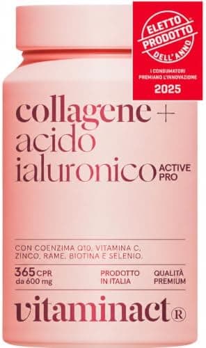 Collagene e Acido Ialuronico ELETTO PRODOTTO DELL’ANNO 2025 - L’unico con Probiotico Testato Bifidobacterium L. BLG1 Migliorando del +30% l’assorbimento degli Attivi, Q10, Vitamin C, Zinco e Biotina Vitaminact - integratore