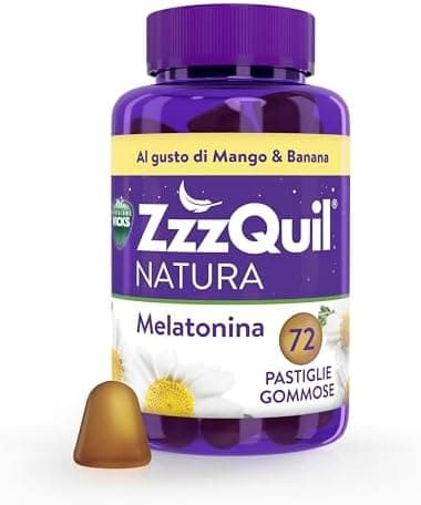 ZzzQuil Natura Melatonina Integratore per Dormire, Gusto Mango e Banana, Con Valeriana, Camomilla, Vitamina B6 e Estratti alle Erbe, 72 Gommose