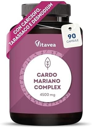 Cardo Mariano 4500mg, Carciofo, Tarassaco &amp; Desmodium - Complesso Depurativo Fegato 4 in 1 con Silimarina - Integratore Naturale, Vegano, Senza Additivi - 90 Capsule - Vitavea Generico - integratore