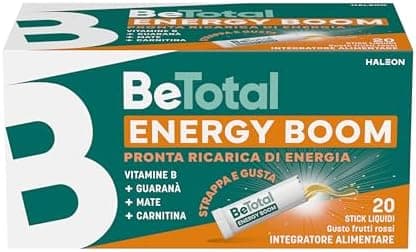 Betotal Energy Boom, Integratore Alimentare con Vitamine B, Guaranà, Mate e Carnitina, effetto tonico per ricaricare le energie in caso di stanchezza, Gusto Frutti Rossi, 20 stick liquidi