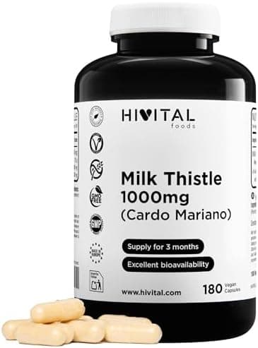 Cardo Mariano 1000 mg. 180 capsule vegane per 6 mesi di trattamento. Estratto concentrato 25:1 con l'80% di silimarina e il 30% di silibina e isosilibina. Prodotto in Europa da HIVITAL Cardo - integratore
