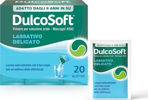 DulcoSoft Lassativo con Macrogol, Rimedi Stitichezza Adulti e Bambini - Senza Glutine, Senza Zucchero - Lassativo Delicato per Irregolarità Intestinale, Stipsi (20 Bustine)