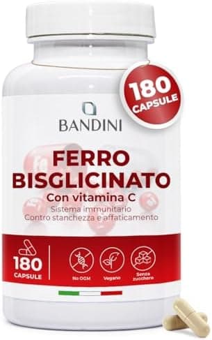 Bandini® Ferro Bisglicinato 80mg + Vitamina C 180 Capsule Vegan (Scorta di oltre 6 Mesi) - Contribuisce al Normale Metabolismo Energetico - Altamente Assimilabile e Biodisponibile - Iron + Vit C 160mg