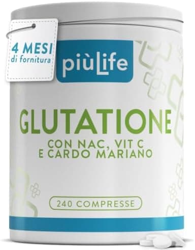 Glutatione Forte PiùLife 100% Glutatione Ridotto Puro con Vitamina C, NAC n-acetil-cisteina e Cardo Mariano Fegato Tit. 80% – 250 mg per dose – Antiossidante, Sistema Immunitario, Detox