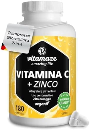 Vitamina C 1000mg (6 Mesi) + Zinco + Bioflavonoidi, 180 Compresse, 1 Compresse per Giorno, Vegan Vitamina C Pura Dose Forte, Qualità Tedesca, Integratore Alimentare senza Additivi. Vitamaze® Vitamaze - amazing life - integratore