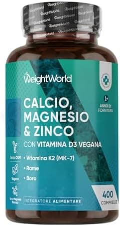 Magnesio Zinco Calcio Vegano con Vitamina D3 K2 MK-7, 400 Compresse (13+ Mesi di Fornitura), 1 al Giorno, Calcio Magnesio Zinco Integratore, Complex Contenente Minerali Come Rame e Selenio, Senza OGM