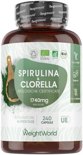 Spirulina e Clorella Biologiche Certificate, 240 Capsule Vegane, Alga Spirulina Bio, Clorella Bio Superfood, Dose da 1740mg per Capsula, Integratore Privo di Glutine e Senza OGM, Prodotto in Europa