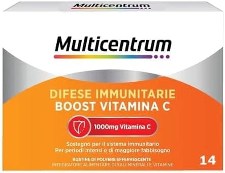 Multicentrum Difese Immunitarie, Boost Vitamina C, Integratore Alimentare con 1000 mg Vitamina C, Supporto per il Sistema Immunitario e il Metabolismo Energetico, 14 Bustine Vitamina - integratore
