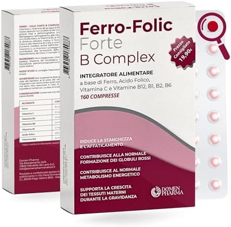 FERRO FOLIC Integratore Ferro 160 compresse ad alto dosaggio, ferro acido folico e Vitamina B12 con Complesso B e Vitamina C. Ferro Bisglicinato alta biodiodisponibilità e Acido Folico naturale. Ferro - integratore
