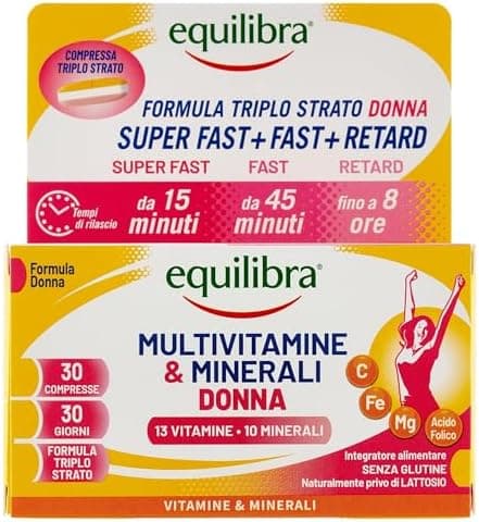 Equilibra Integratori Alimentari, Multivitamine &amp; Minerali Donna, Integratore Tripla Azione di Magnesio, Ferro, Acido Folico e Vitamina C, Senza Glutine, 30 Compresse Triplo Strato a Rilascio Graduale Generico - integratore