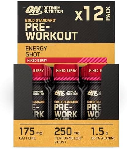 Optimum Nutrition Gold Standard Pre-Workout Energy Shot, Bevanda Energetica Ready To Drink con Beta Alanina, Caffeina, PerforMelon Boost e Vitamina B6 e B12, Gusto Frutti di Bosco, 12 x 60 ml ON - integratore