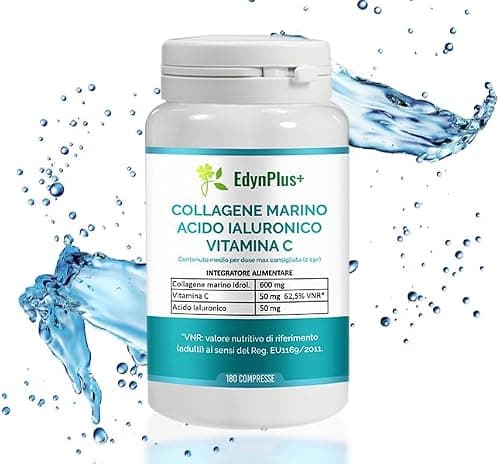 EdynPlus+ Collagene e Acido Ialuronico Integratore Idrolizzato Marino per Capelli Pelle e Ossa Vitamina C 180 Compresse Alto Dosaggio Made in Italy Generico - integratore