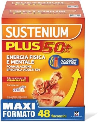 Sustenium Plus 50+ Integratore Alimentare Energizzante con Vitamina B12 Alto Contenuto, Formula Specifica per Adulti 50+ in Pratici Flaconcini. Energia in un Sorso confezione da 48 Flaconcini da 20 ml