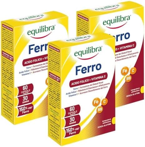Equilibra Integratori Alimentari, Ferro con Acido Folico + Vitamina C, Integratore a Base di Ferro, per la Normale Funzione dei Glubuli Rossi e dell'Emoglobina, 3 Pezzi da 60 Capsule Vegetali