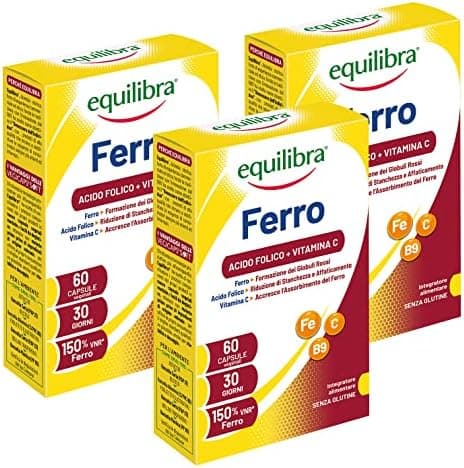Equilibra Integratori Alimentari, Ferro con Acido Folico + Vitamina C, Integratore a Base di Ferro, per la Normale Funzione dei Glubuli Rossi e dell'Emoglobina, 3 Pezzi da 60 Capsule Vegetali