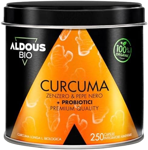 Curcuma e Piperina Plus + PROBIOTICI + Zenzero e Pepe Nero - 1460 mg - 250 Capsule per +4 Mesi - Curcuma Capsule Bio Alto Dosaggio - Antinfiammatorio Naturale - Certificazione Biologica - ALDOUS