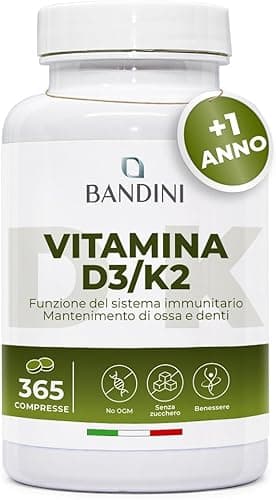 Bandini® Vitamina D3 K2 | 365 COMPRESSE (12 Mesi) | Vitamina D 2000 UI + 200 mcg Vitamin K | Vitamine MK-7 99% All Trans Vit D3+K2 | Per Ossa, Denti, Muscoli, Articolazioni &amp; Sistema Immunitario Generico - integratore