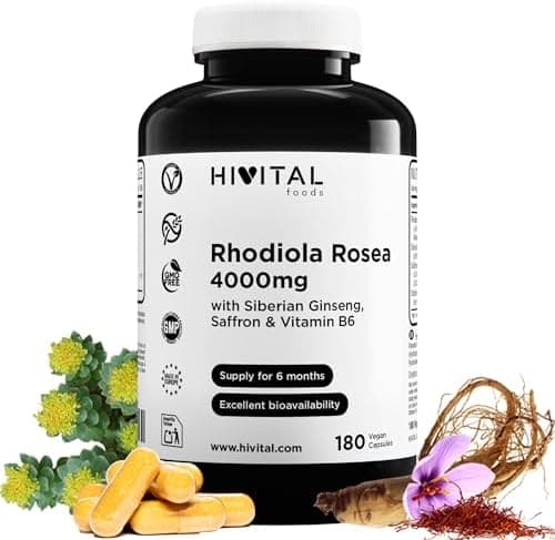 Rhodiola Rosea 4000 mg. 180 capsule vegane per 6 mesi di trattamento. Con estratti di Rhodiola Rosea, Ginseng Siberiano, Zafferano e Vitamina B6. Prodotto in Europa da HIVITAL Rhodiola - integratore