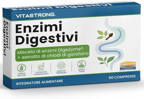 Enzimi Digestivi Completi Vitastrong con Chiodi di Garofano, Miscela Brevettata DigeZyme, Maltodestrina, Alfa Amilasi, Proteasi, Cellulasi, Lipasi, Lattasi Compresse Vegan Senza OGM, Glutine, Lattosio Generico - integratore