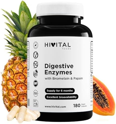 Enzimi Digestivi. 180 capsule vegane per 6 mesi di trattamento. Amilasi, Proteasi, Lattasi, Lipasi, Cellulasi, Bromelina e Papaina. Prodotto in Europa da HIVITAL Enzimi - integratore