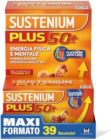 Sustenium Plus 50+ Integratore Alimentare Energizzante con Vitamina B12 ad Alto Contenuto, Formula per Adulti 50+ in Pratici Flaconcini. Energia in un Sorso, confezione da 39 Flaconcini da 20 ml Generico - integratore