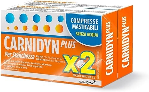 Carnidyn Plus, integratore alimentare supporto per stanchezza fisica e mentale, 2x18 (36) compresse da 3 g masticabili senza acqua, gusto agrumi Generico - integratore