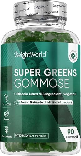Super Greens in 90 Caramelle Vegane, Vitamine Gommose, 8 Superfood, Multivitaminico, Vitamina B Complex, Zinco, Moringa, Clorella, Erba d'Orzo, Spinaci, Integratori Gommosi, Aroma Mirtillo e Lampone Generico - integratore