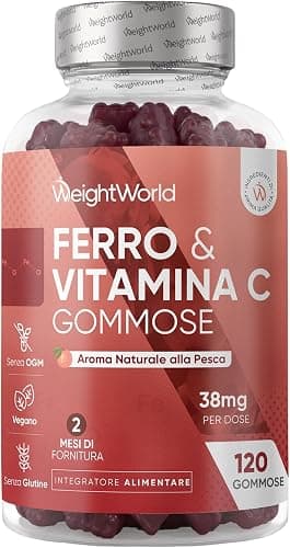 Integratore Ferro e Vitamina C, 38mg di Ferro Integratore, Scorta 2 Mesi | 120 Caramelle Gommose Vegane, Fumarato Ferroso con Vitamina C (Acido L-Ascorbico), Gusto Naturale di Pesca, Senza Glutine Generico - integratore